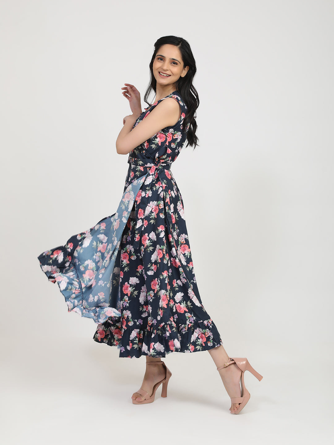 Women's Navy Blue Floral Crepe Maxi Dress
