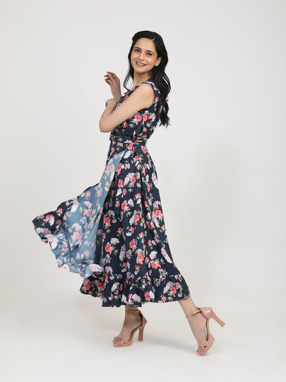 Women's Navy Blue Floral Crepe Maxi Dress