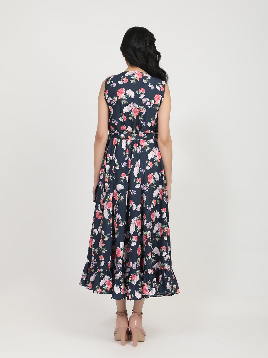 Women's Navy Blue Floral Crepe Maxi Dress