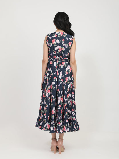 Women's Navy Blue Floral Crepe Maxi Dress