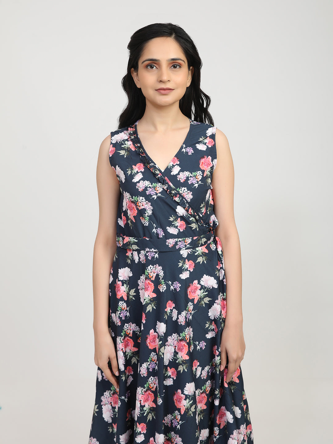 Women's Navy Blue Floral Crepe Maxi Dress