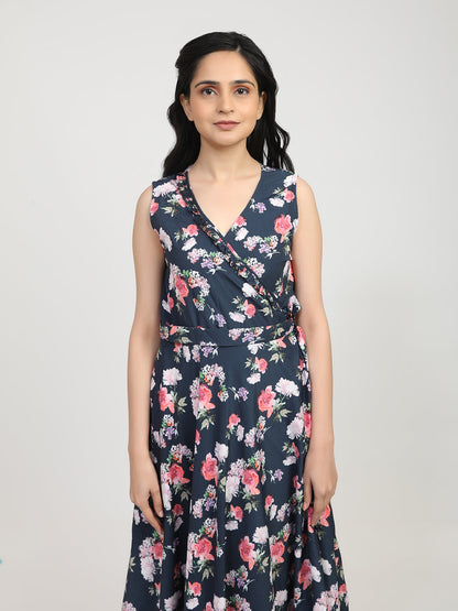 Women's Navy Blue Floral Crepe Maxi Dress