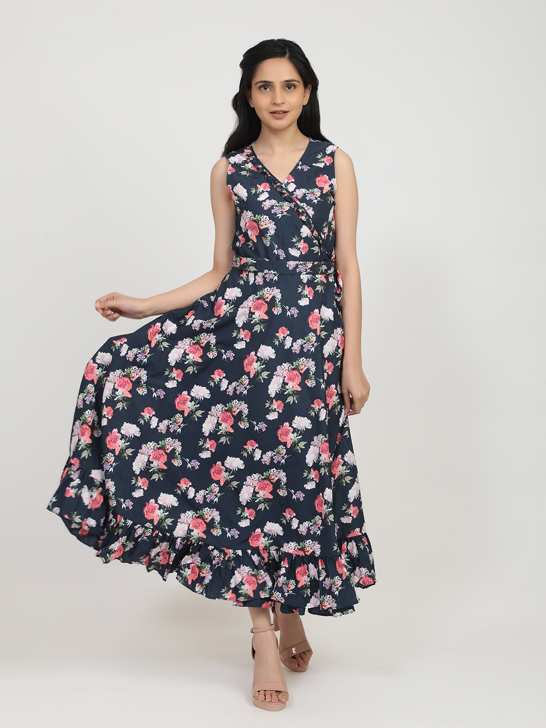 Women's Navy Blue Floral Crepe Maxi Dress
