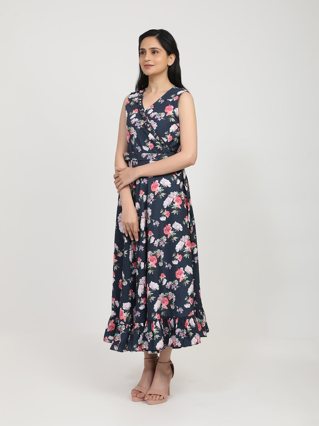 Women's Navy Blue Floral Crepe Maxi Dress