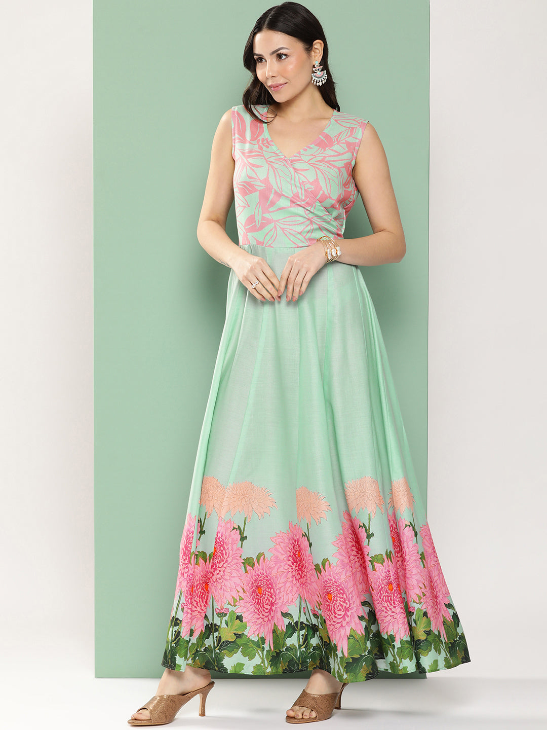 Women's Turquoise Blue Printed Long Dress With V-Neck