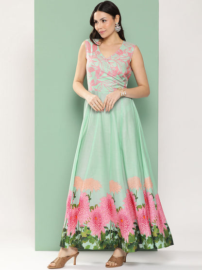 Women's Turquoise Blue Printed Long Dress With V-Neck