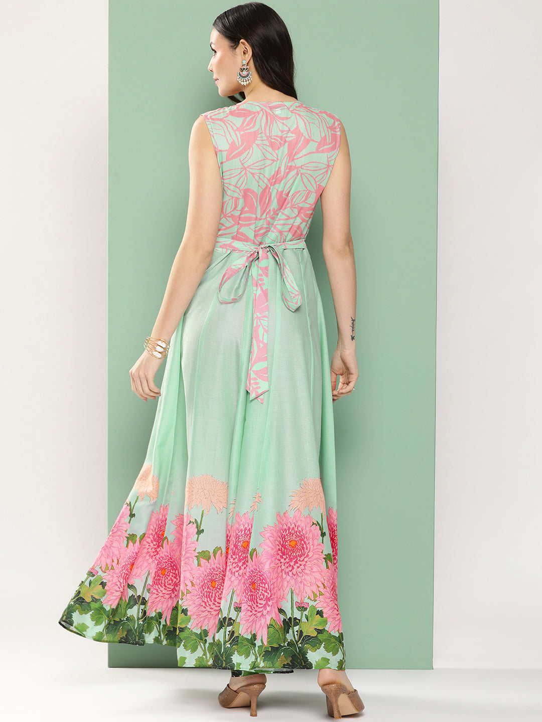 Women's Turquoise Blue Printed Long Dress With V-Neck