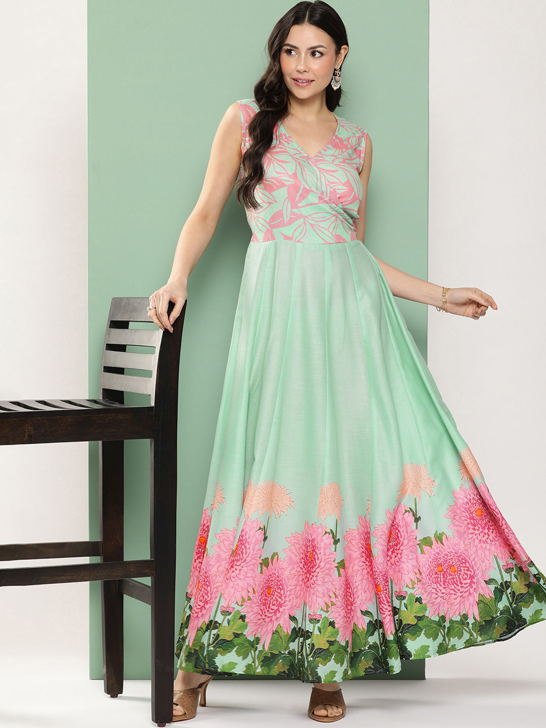 Women's Turquoise Blue Printed Long Dress With V-Neck