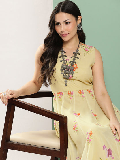 Women's Yellow Printed Long Dress V-Neck With Lace Details