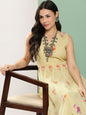Women's Yellow Printed Long Dress V-Neck With Lace Details