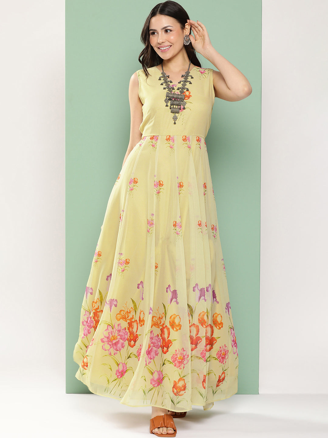 Women's Yellow Printed Long Dress V-Neck With Lace Details