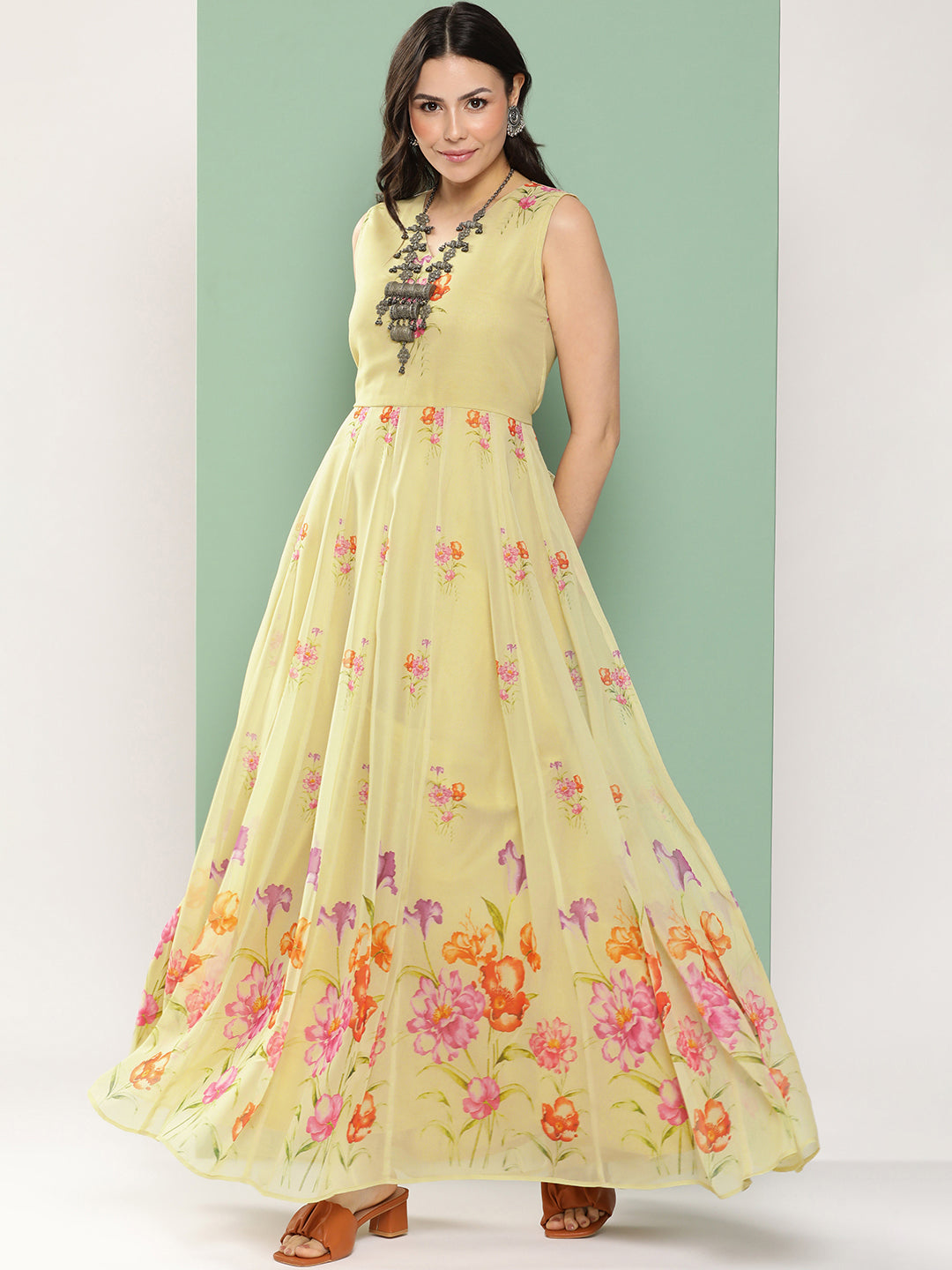 Women's Yellow Printed Long Dress V-Neck With Lace Details