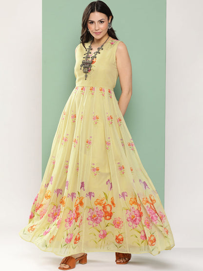 Women's Yellow Printed Long Dress V-Neck With Lace Details