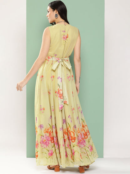 Women's Yellow Printed Long Dress V-Neck With Lace Details