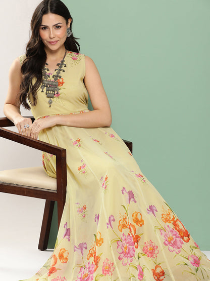 Women's Yellow Printed Long Dress V-Neck With Lace Details