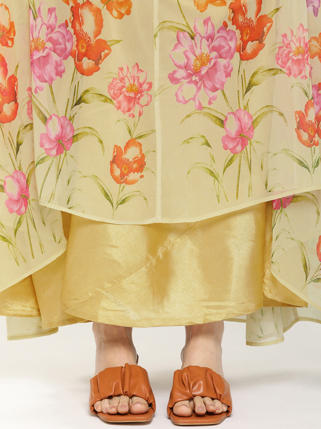 Women's Yellow Printed Long Dress V-Neck With Lace Details