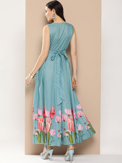 Women's Turquoise Blue Printed Long Dress With V-Neck