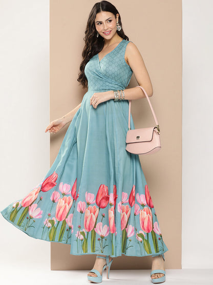 Women's Turquoise Blue Printed Long Dress With V-Neck