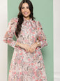 Women's Off-White Printed Long Dress With Tie-Up Neck