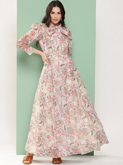 Women's Off-White Printed Long Dress With Tie-Up Neck