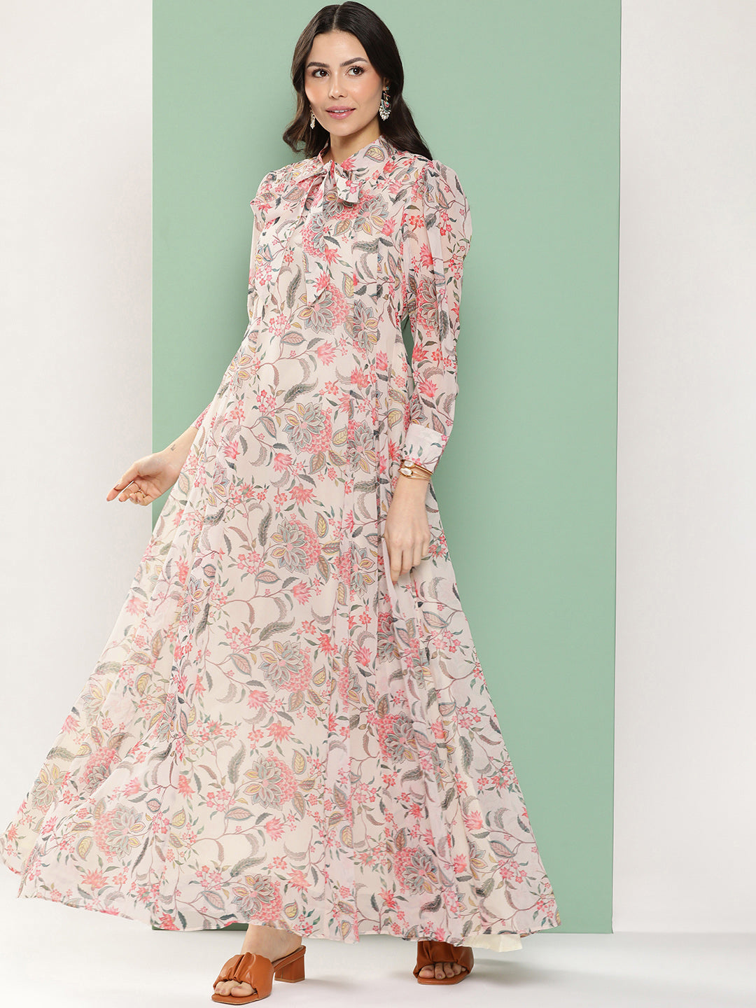 Women's Off-White Printed Long Dress With Tie-Up Neck
