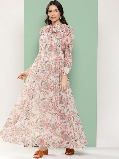 Women's Off-White Printed Long Dress With Tie-Up Neck