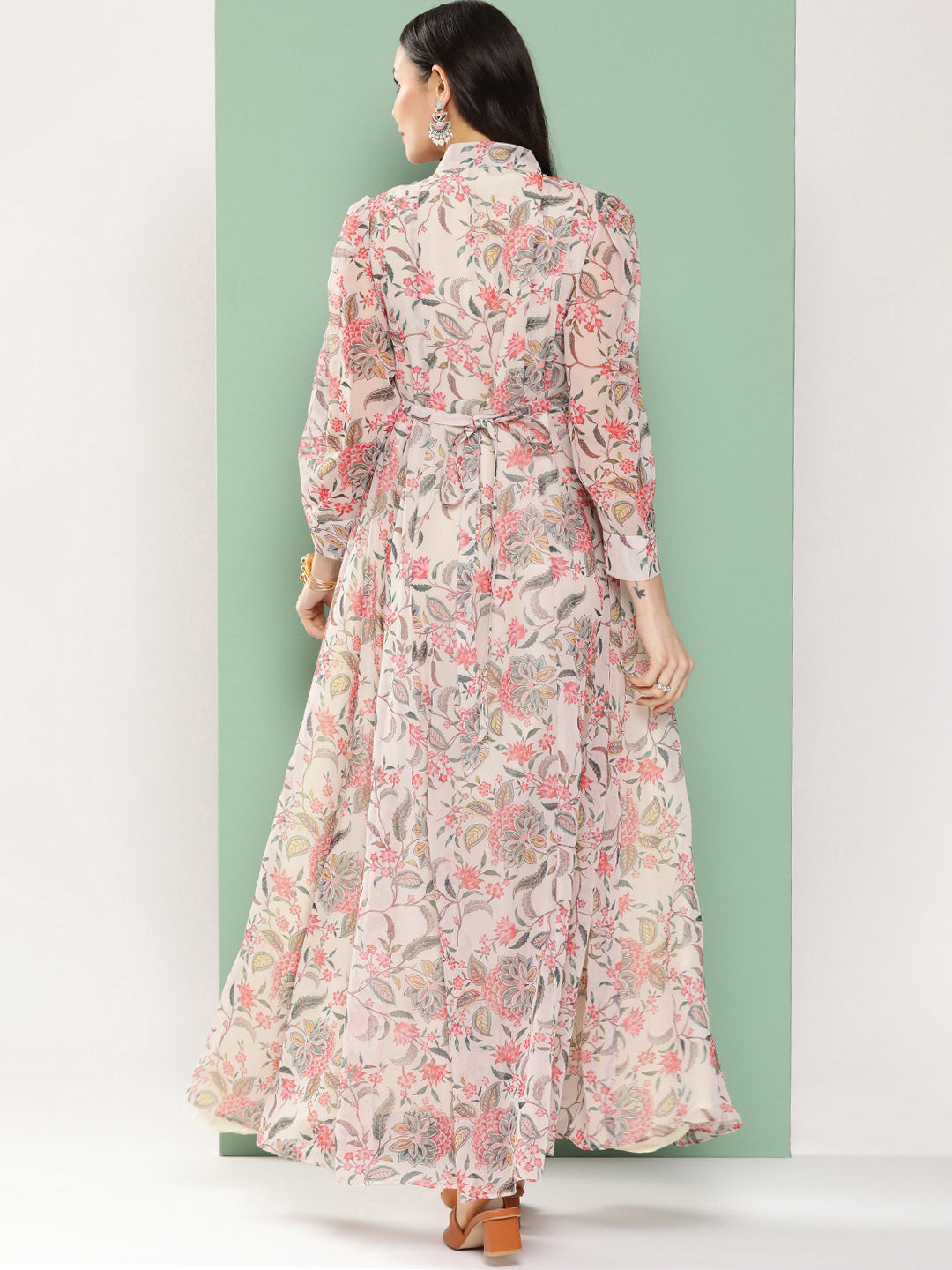 Women's Off-White Printed Long Dress With Tie-Up Neck