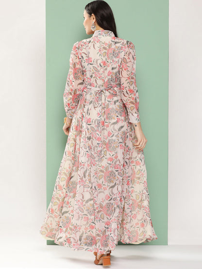 Women's Off-White Printed Long Dress With Tie-Up Neck