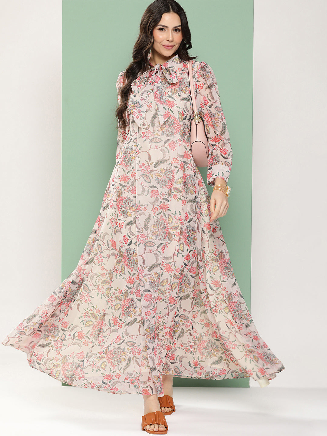 Women's Off-White Printed Long Dress With Tie-Up Neck