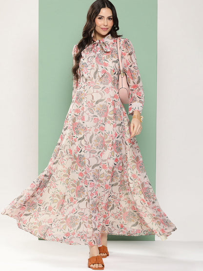 Women's Off-White Printed Long Dress With Tie-Up Neck