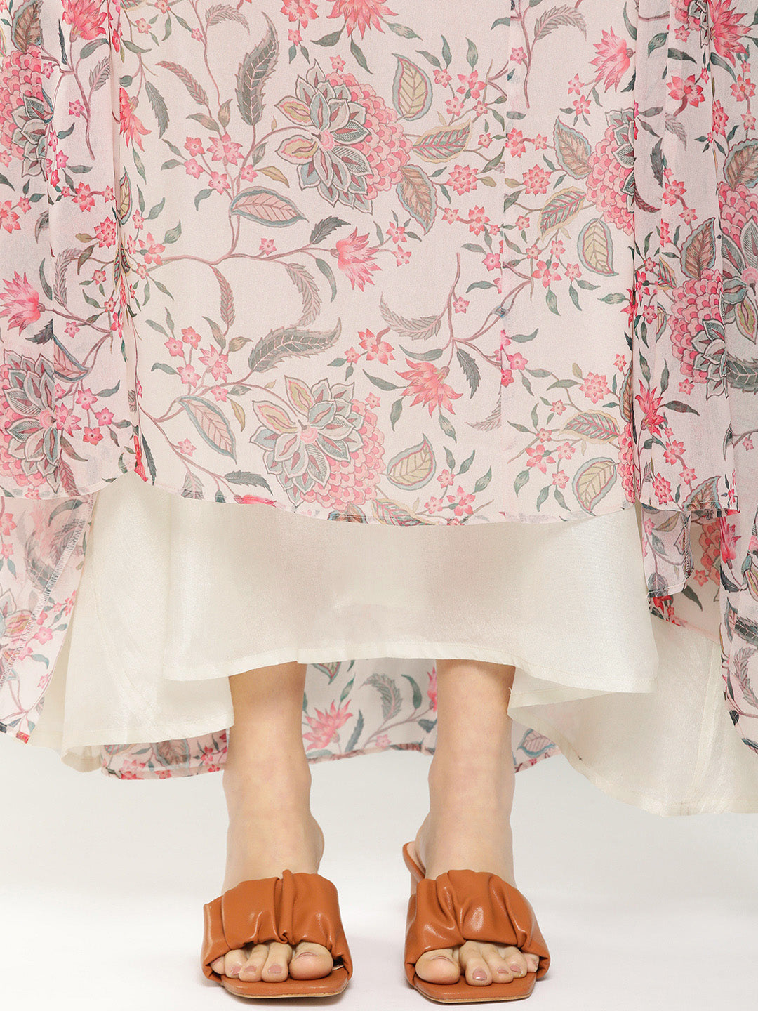Women's Off-White Printed Long Dress With Tie-Up Neck