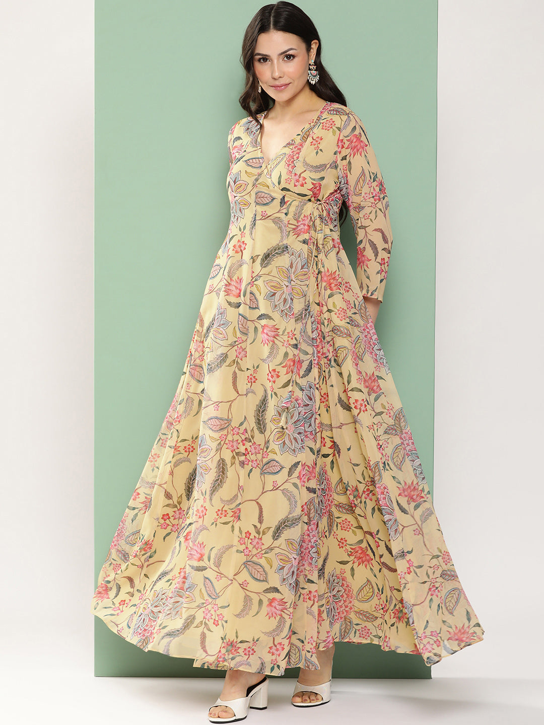 Women's Yellow Printed Angrakha Long Dress With V-Neck