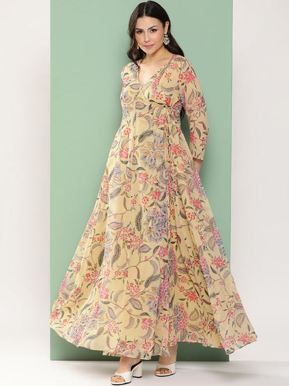 Women's Yellow Printed Angrakha Long Dress With V-Neck