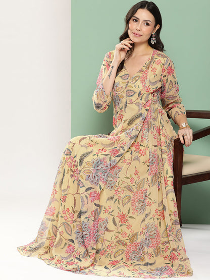 Women's Yellow Printed Angrakha Long Dress With V-Neck