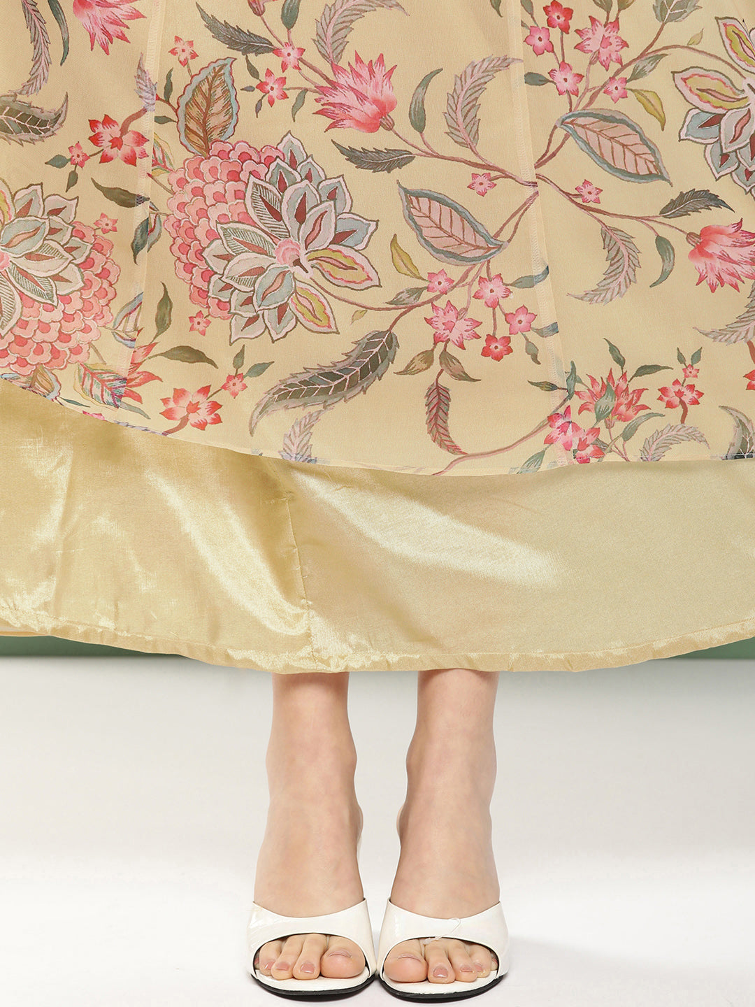Women's Yellow Printed Angrakha Long Dress With V-Neck