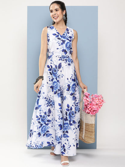 Women's White & Blue Printed Long Dress With Waist Belt