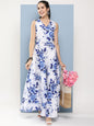 Women's White & Blue Printed Long Dress With Waist Belt