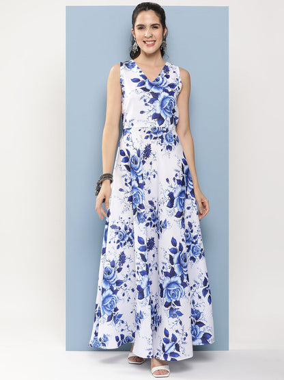 Women's White & Blue Printed Long Dress With Waist Belt