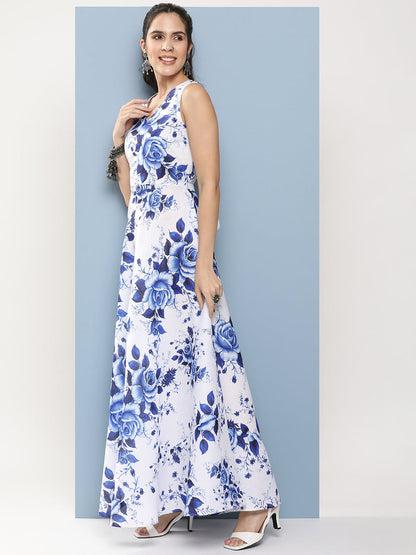 Women's White & Blue Printed Long Dress With Waist Belt