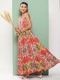 Women's Red Printed Long Dress With Waist Belt