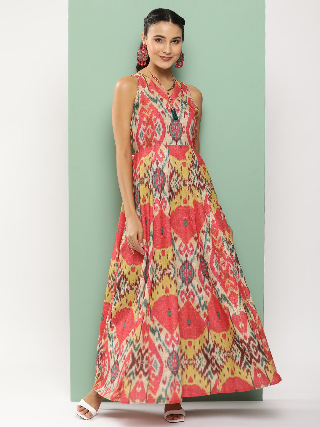Women's Red Printed Long Dress With Waist Belt