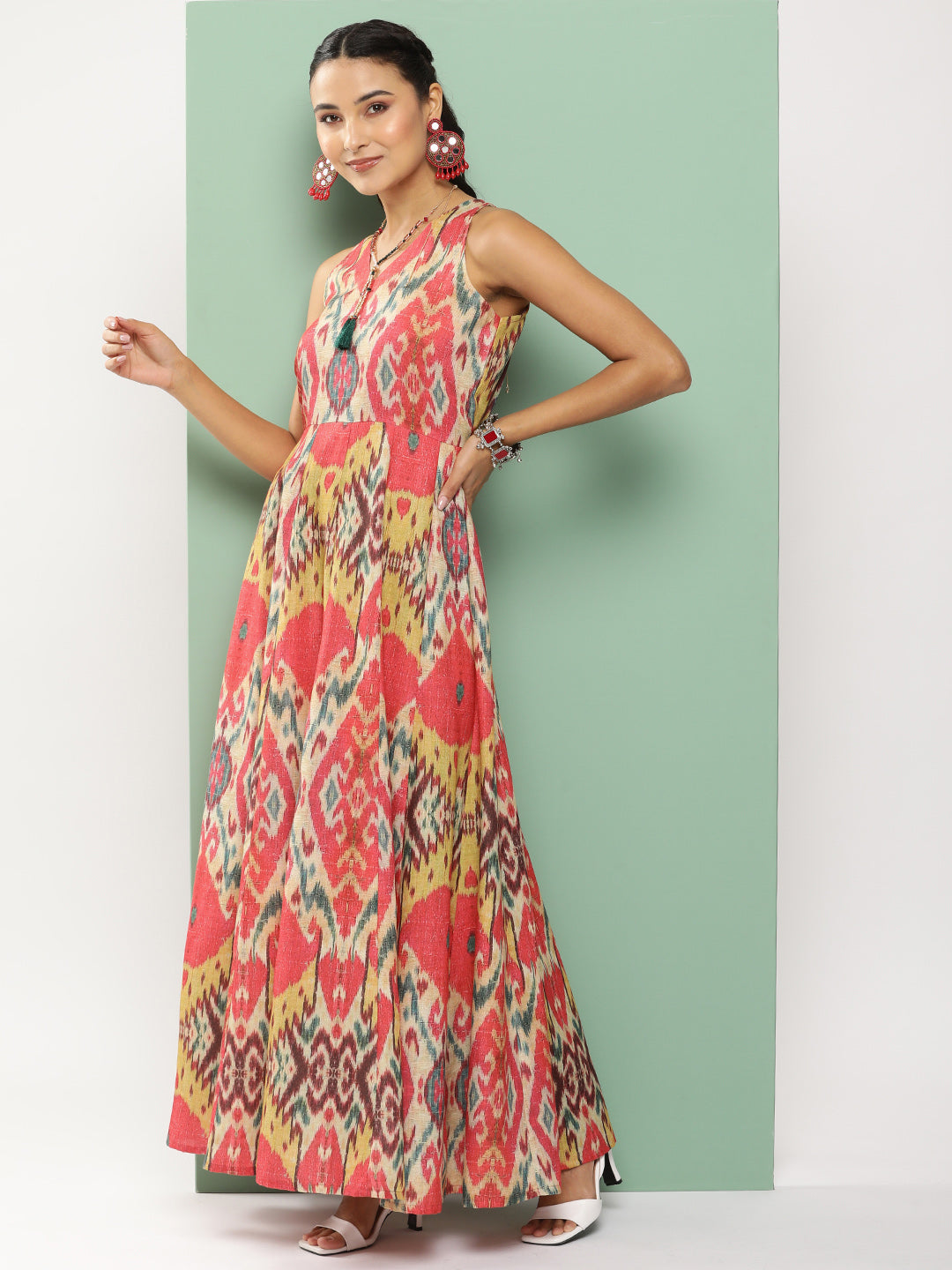 Women's Red Printed Long Dress With Waist Belt