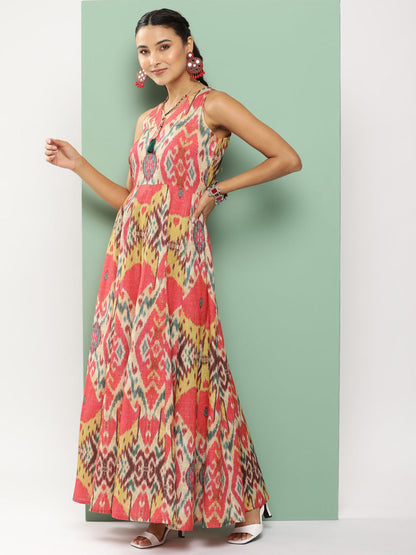 Women's Red Printed Long Dress With Waist Belt