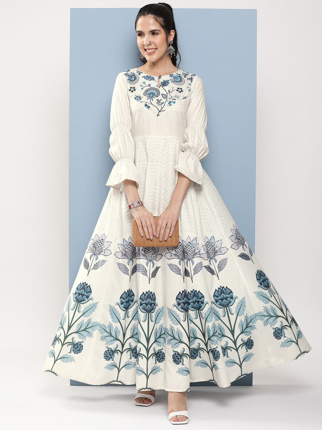 Women's Off-White & Blue Printed Long Dress With Waist Belt