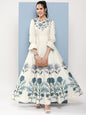 Women's Off-White & Blue Printed Long Dress With Waist Belt