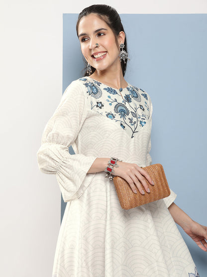 Women's Off-White & Blue Printed Long Dress With Waist Belt