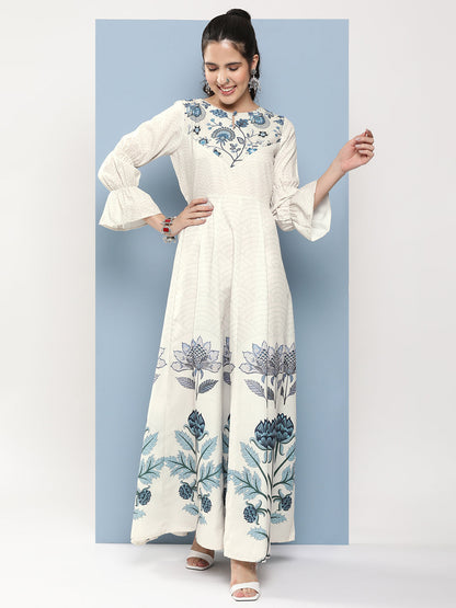 Women's Off-White & Blue Printed Long Dress With Waist Belt