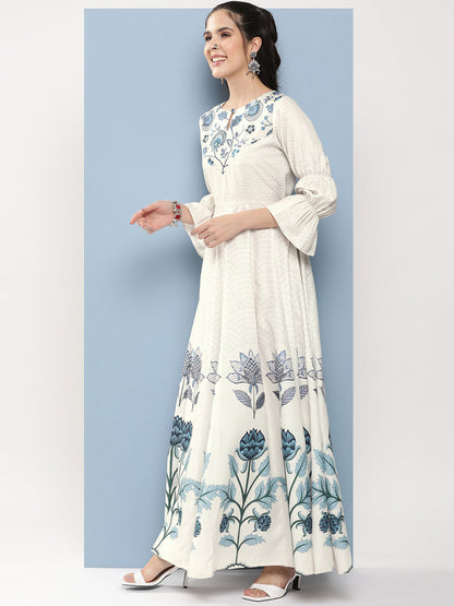 Women's Off-White & Blue Printed Long Dress With Waist Belt