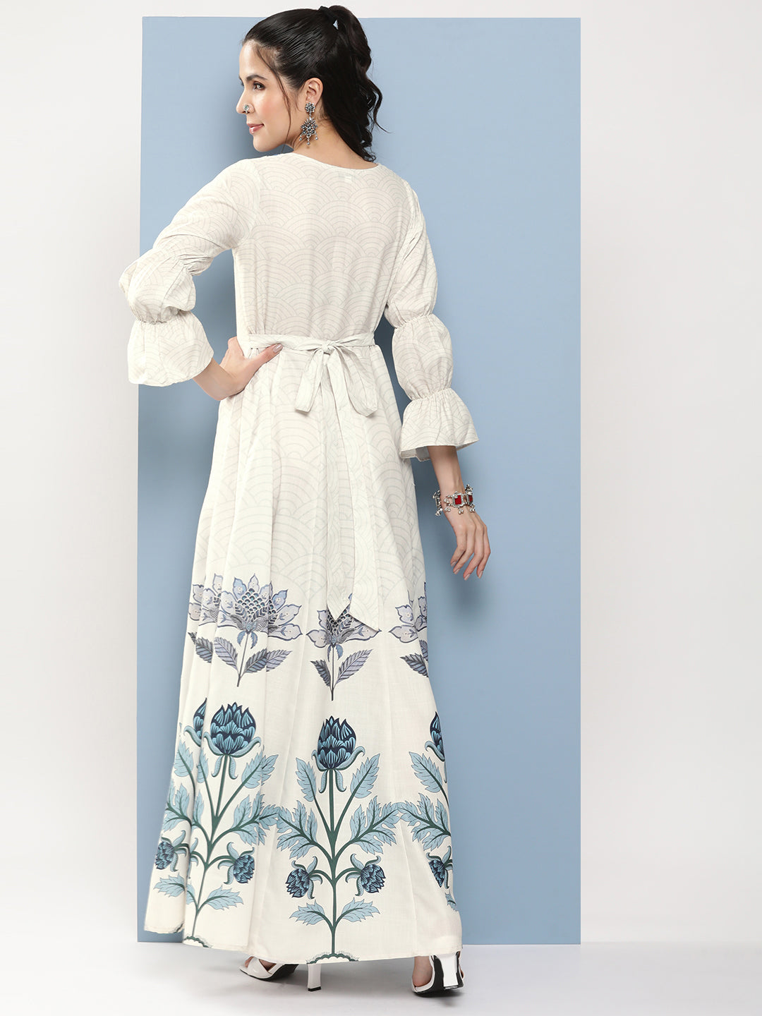 Women's Off-White & Blue Printed Long Dress With Waist Belt
