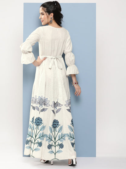 Women's Off-White & Blue Printed Long Dress With Waist Belt